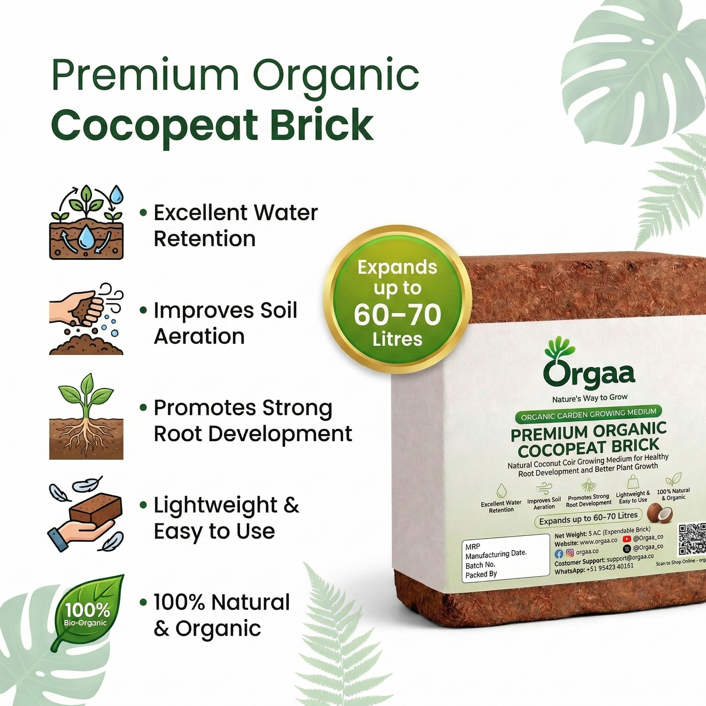 Orgaa Premium Organic Cocopeat Brick 5 KG – Expands to 60-70 Litres | Natural Coconut Coir