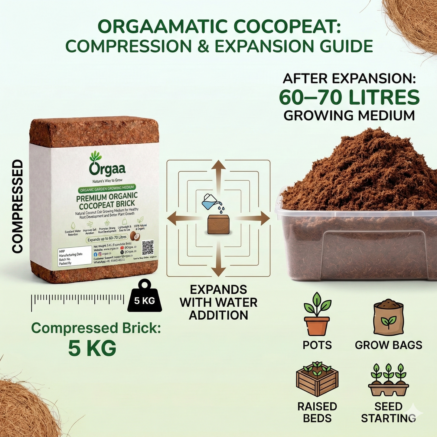 Orgaa Premium Organic Cocopeat Brick 5 KG – Expands to 60-70 Litres | Natural Coconut Coir