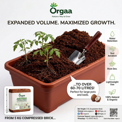 Orgaa Premium Organic Cocopeat Brick 5 KG – Expands to 60-70 Litres | Natural Coconut Coir